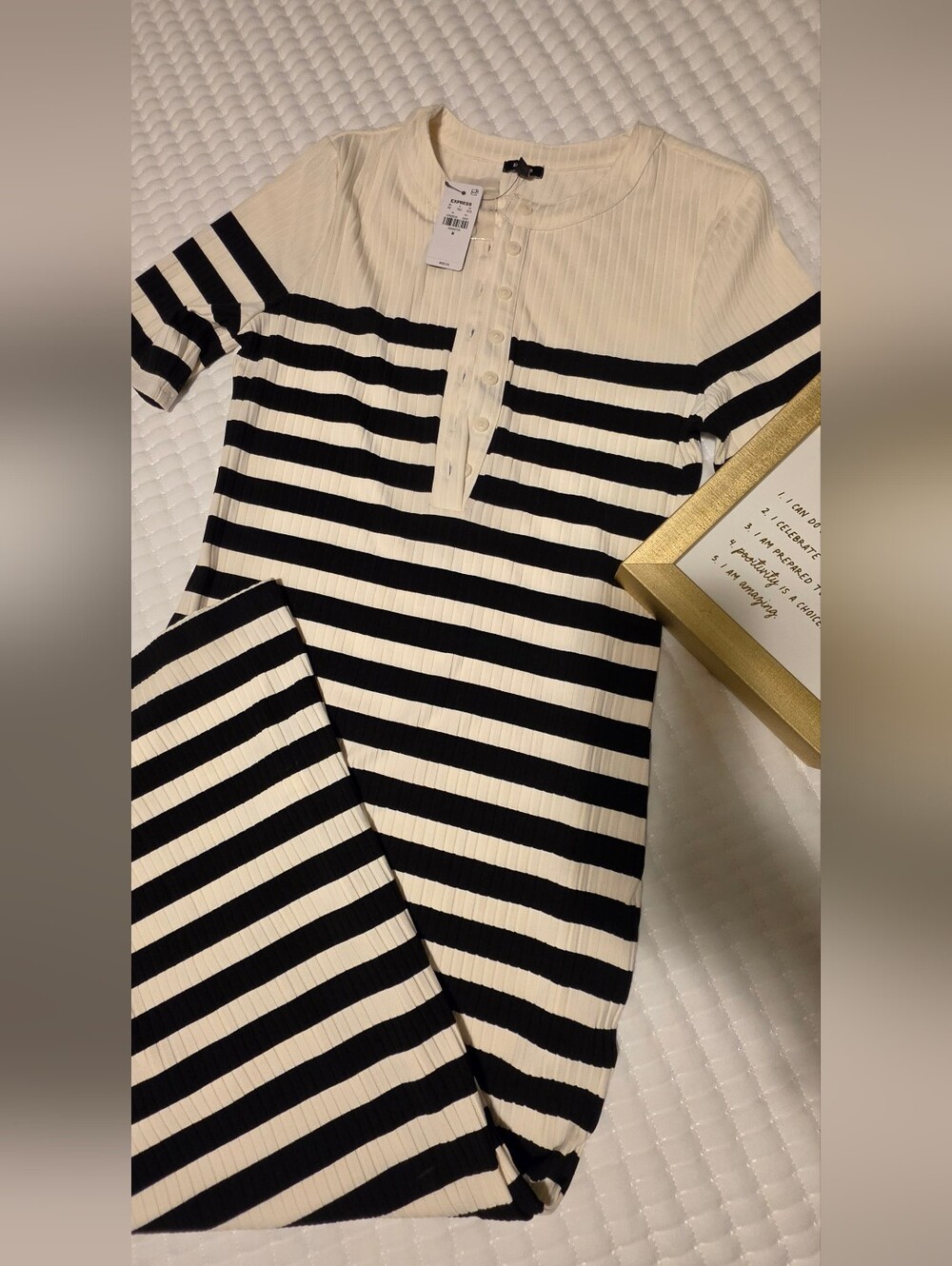 Express Black & Cream Striped Rib Knit Button-Front Dress